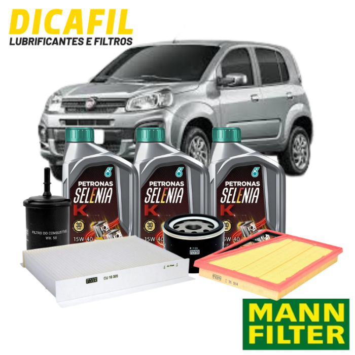 Kit Troca de óleo Completa - Fiat Uno Way após 2014 - Petronas 15w40 Mann