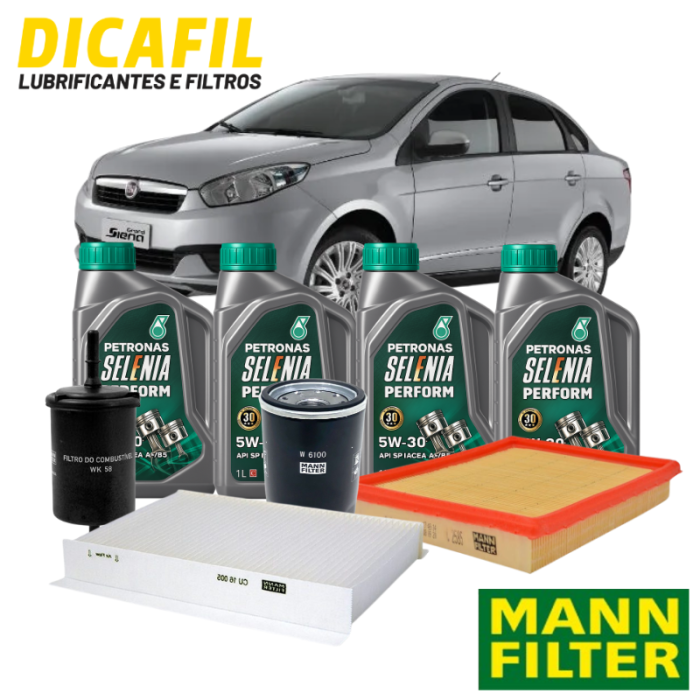 Kit Troca de Óleo Completa - Fiat Siena após 2014 - Petronas 5w30 Mann